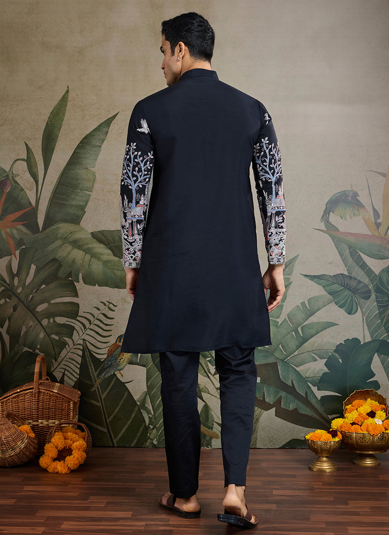 Viscose Silk Pure Black Occasion Wear Stylish Thread Work Kurta