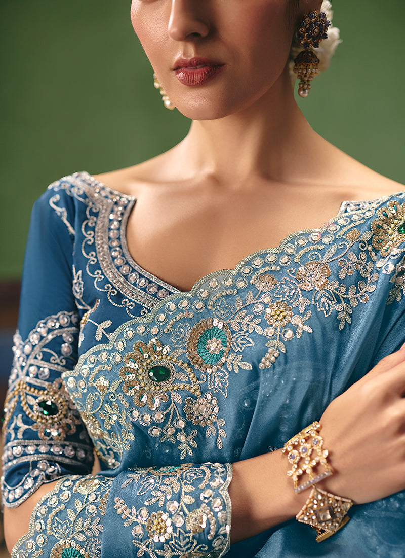 Blue Fancy Embroidery Work Wedding Wear Saree SW594727