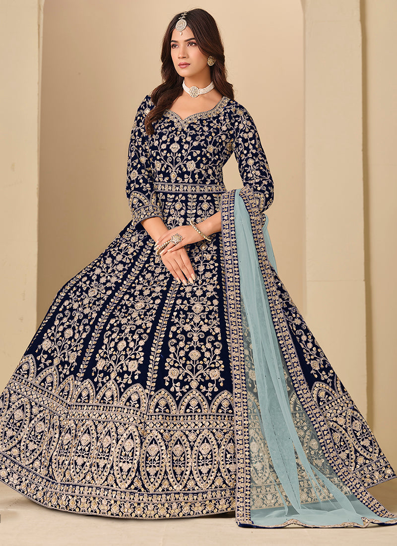 Blue Velvet Embroidery Work Party Wear Gown With Dupatta SW657696