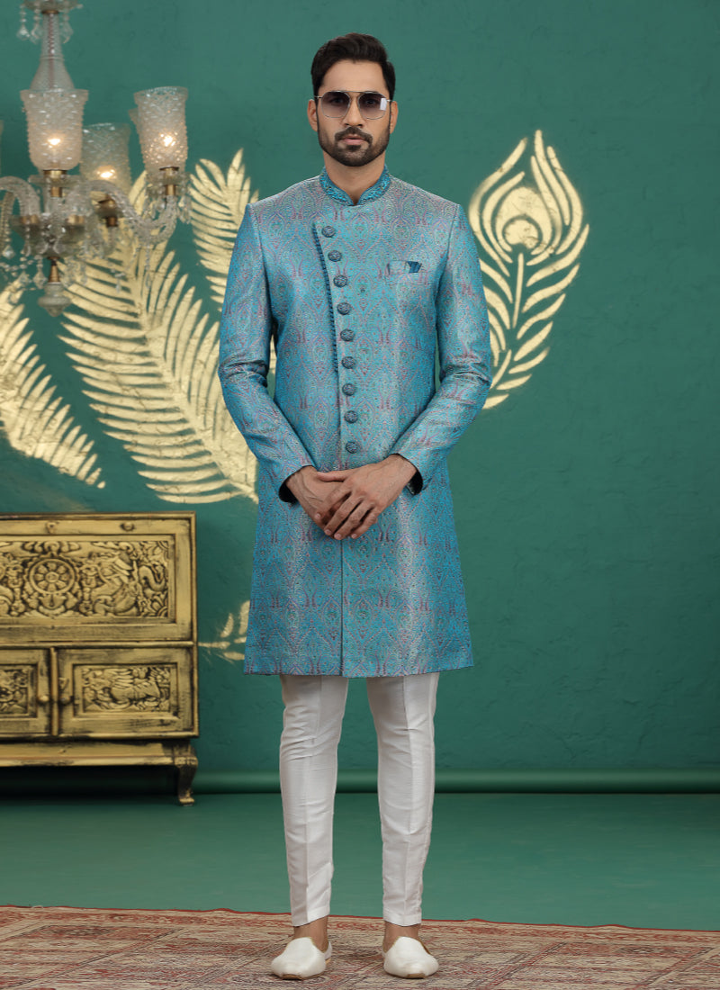 Banarasi Jacquard Blue Wedding Wear Neck Work Readymade Groom Sherwani 385998