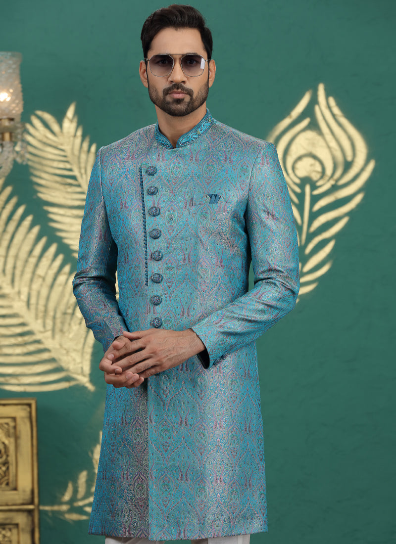 Banarasi Jacquard Blue Wedding Wear Neck Work Readymade Groom Sherwani 385998