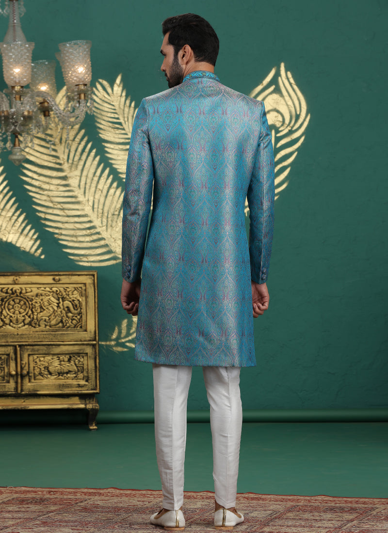 Banarasi Jacquard Blue Wedding Wear Neck Work Readymade Groom Sherwani 385998