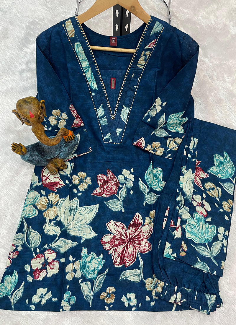 Cotton Blue Casual Wear Hand Work Readymade Cord Set 384912