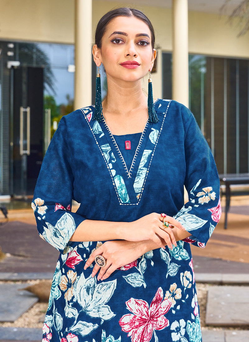 Cotton Blue Casual Wear Hand Work Readymade Cord Set 384912