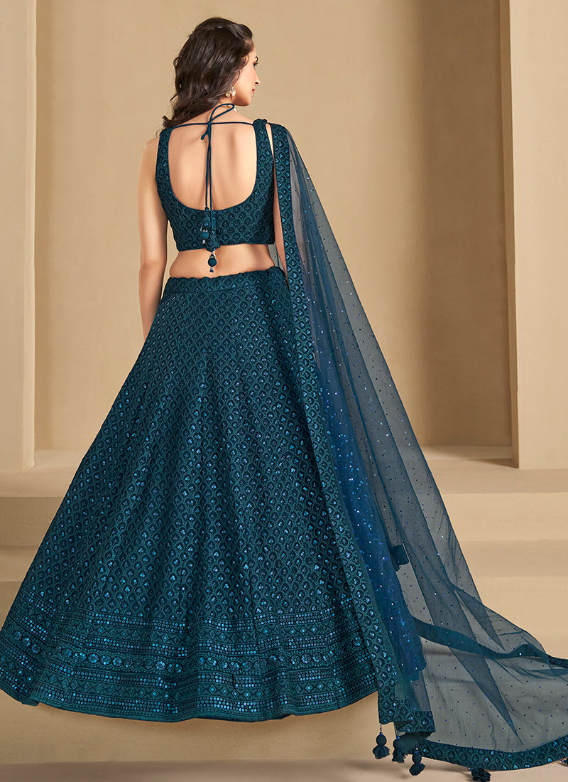 Georgette Blue Wedding Wear Thread Embroidery Work Lehenga Choli 385591
