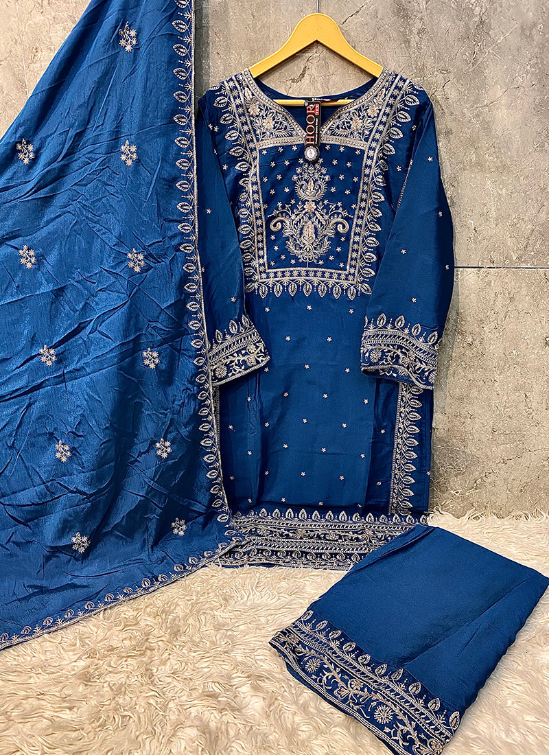 Heavy Chinon Blue Eid Wear Sequins Embroidery Work Readymade Pakistani Suit 388180
