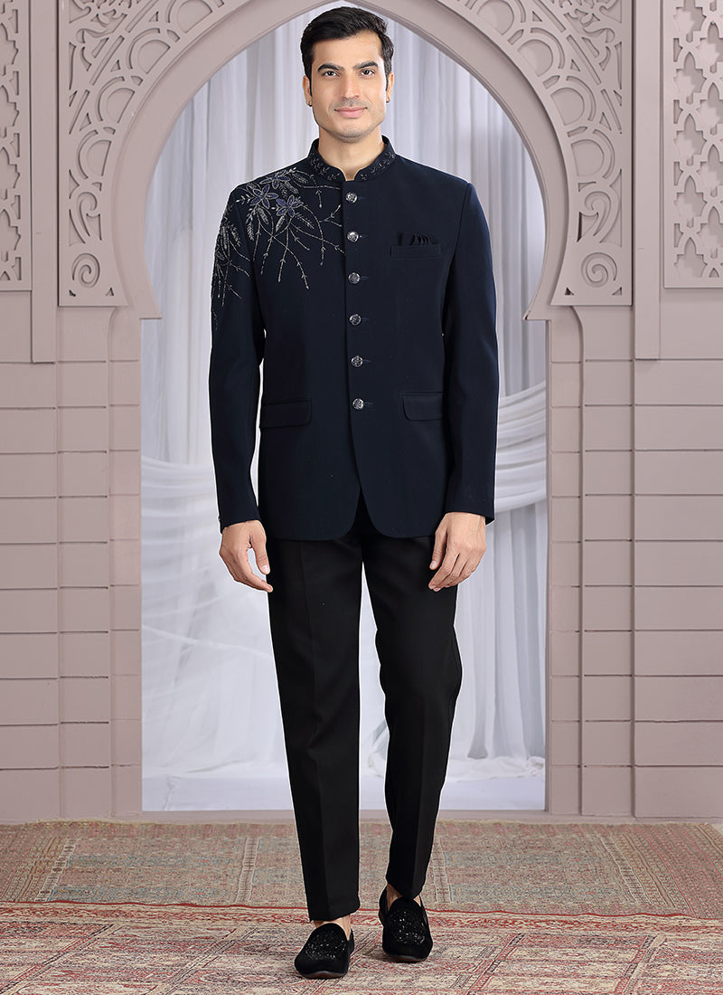 Imported Blue Wedding Wear Hand Work Readymade Jodhpuri Suit 385491