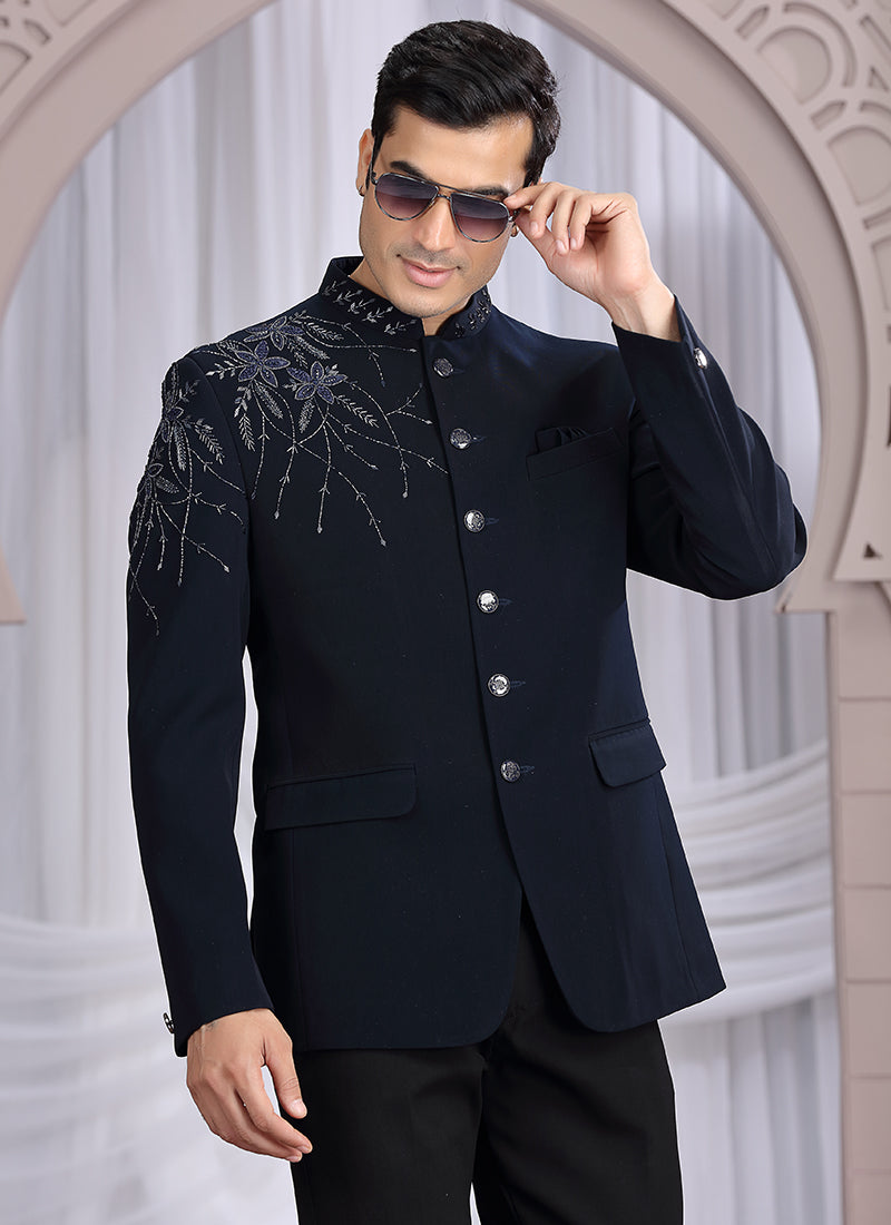 Imported Blue Wedding Wear Hand Work Readymade Jodhpuri Suit 385491