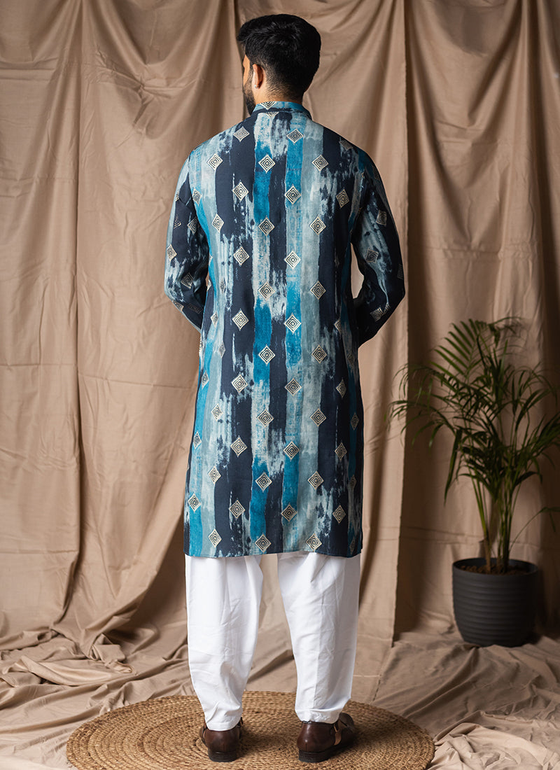 Blue Modal Silk Printed Work Festival Wear Readymade Kurta Pajama SW545618