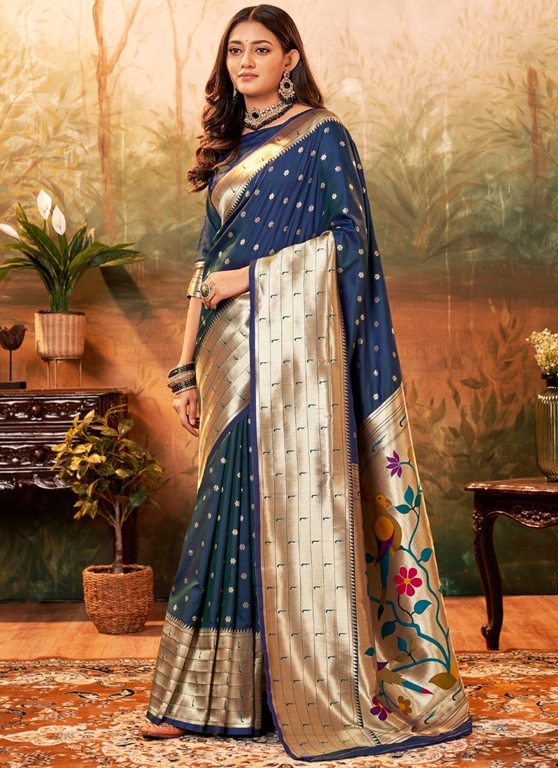 Pure Paithani Silk Blue Saree with Zari Weaving Work for Bridal Wear 380844