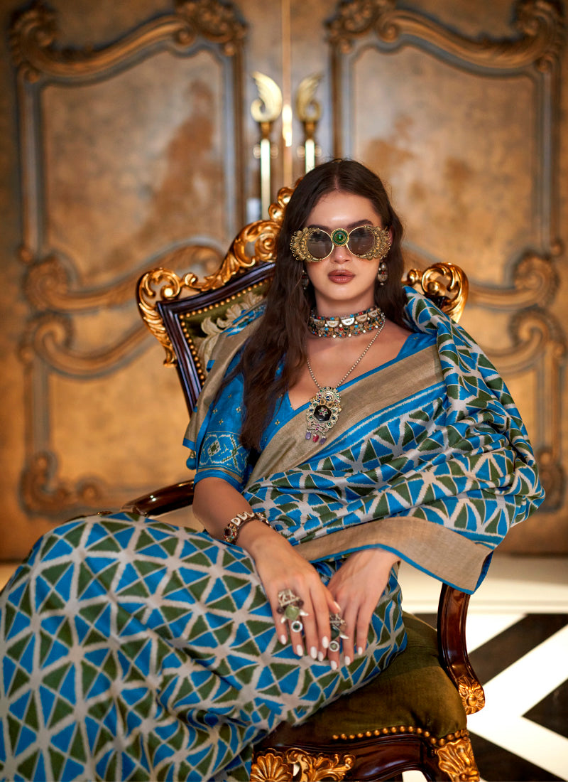 Pv Silk Blue Party Wear Printed Work Saree 385897