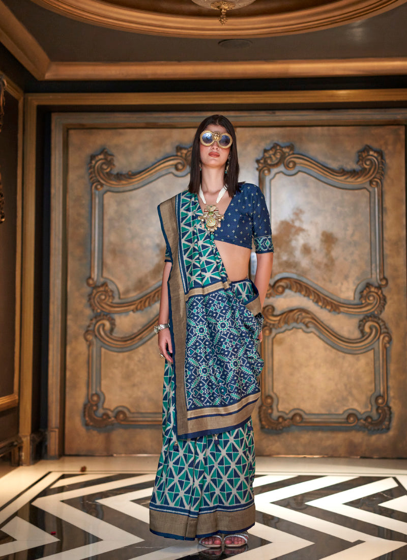 Pv Silk Blue Party Wear Printed Work Saree 385899