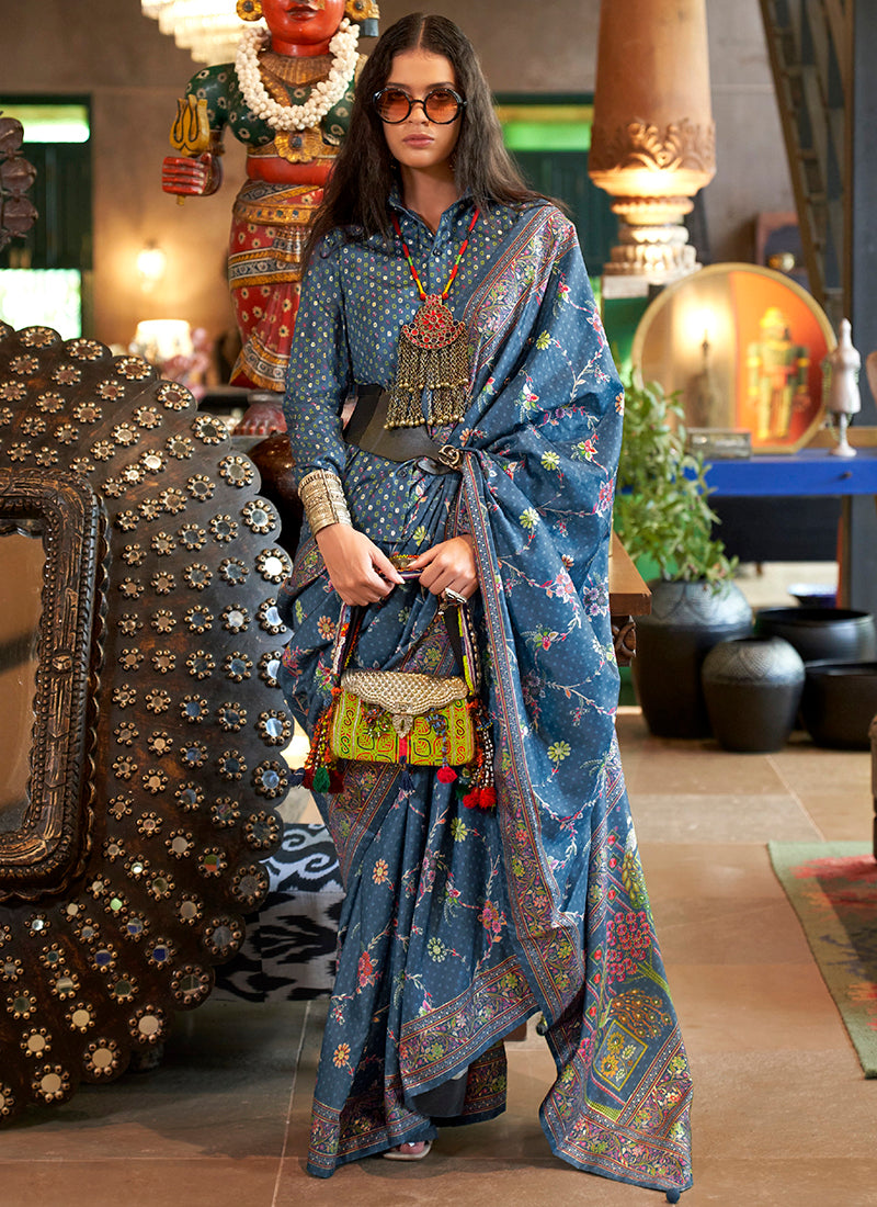 Pv Silk Blue Party Wear Printed Work Saree 385826