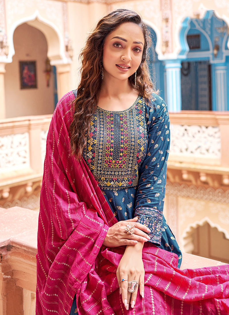 Rayon Blue Casual Wear Sequin Work Readymade Anarkali Suit 382165