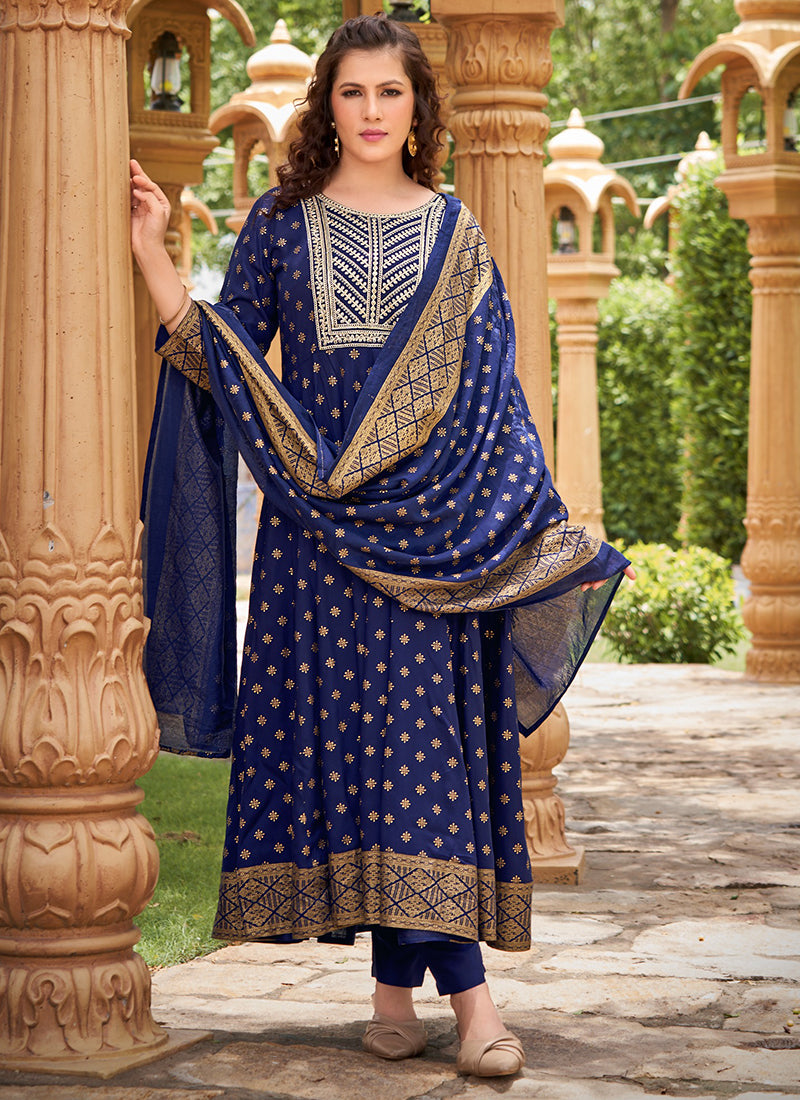Rayon Blue Casual Wear Sequin Work Readymade Anarkali Suit 380563