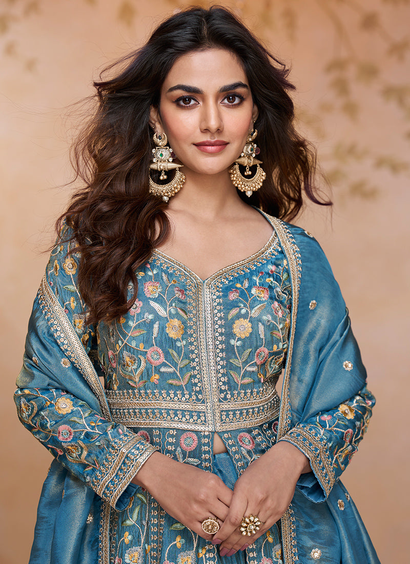 Shimmer Silk Blue Wedding Wear Embroidery Work Readymade Anarkali Suit 384429