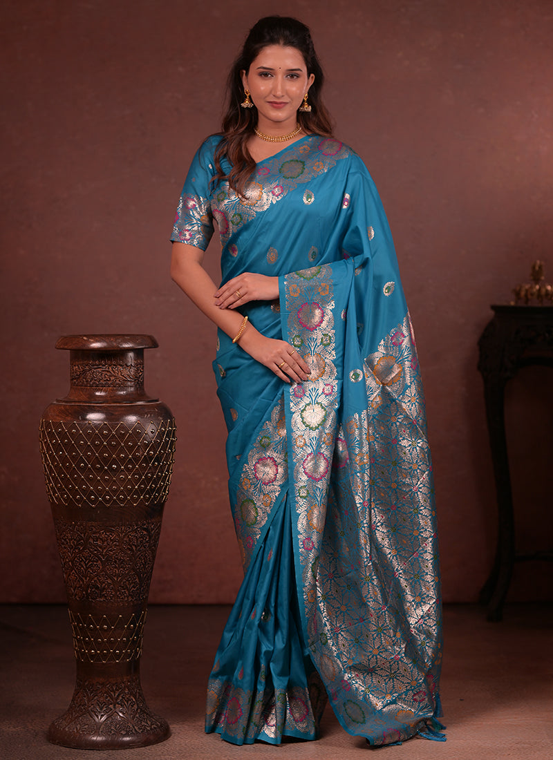 Silk Blue Saree with Border Work for Wedding Wear 380896