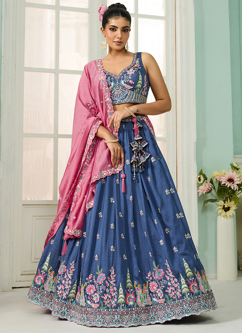 Vichitra Silk Blue Designer Wear Embroidery Work Lehenga Choli 385376