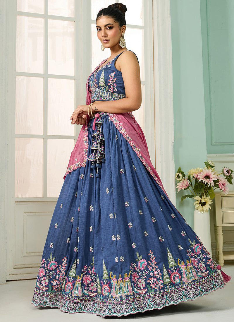 Vichitra Silk Blue Designer Wear Embroidery Work Lehenga Choli 385376