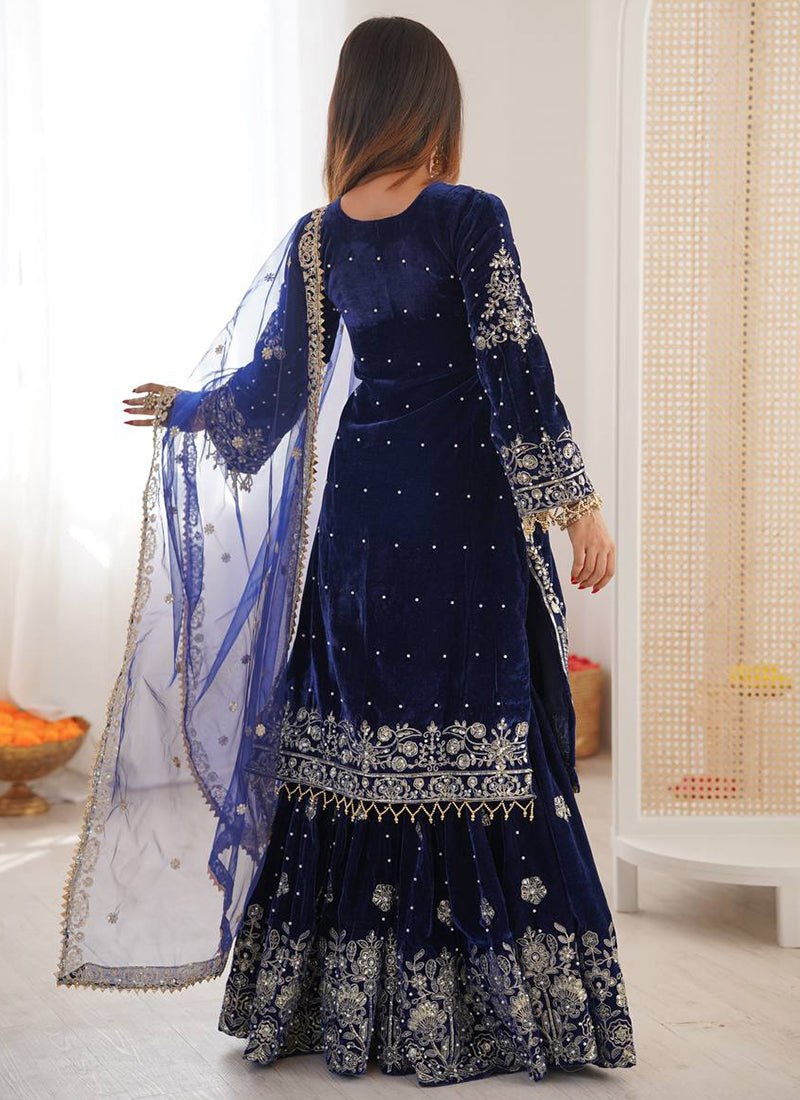 Blue Viscose Velvet Embroidery Work Festival Wear Readymade Sharara Suit SW708194