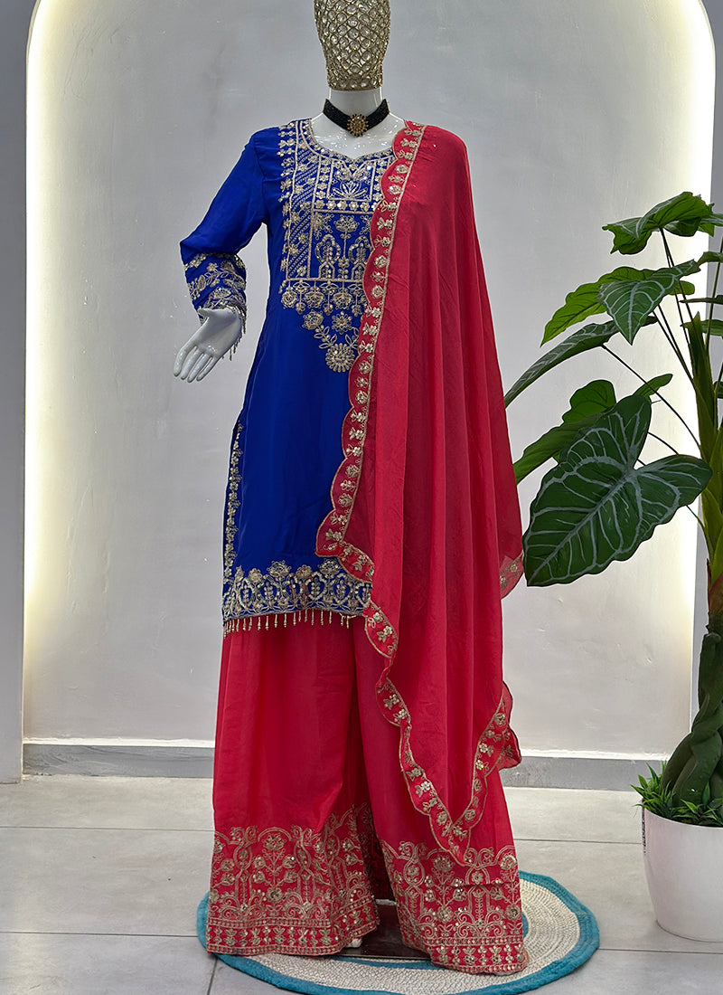 Blue Chinon Silk Embroidery Work Party Wear Readymade Plazzo Suit SW955390