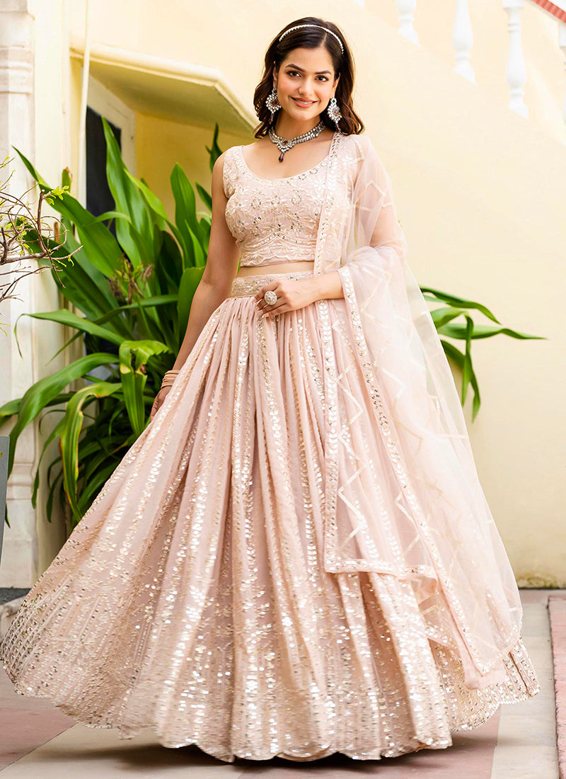 Georgette Blush Pink Occasional Wear Embroidery Work Lehenga Choli 385680