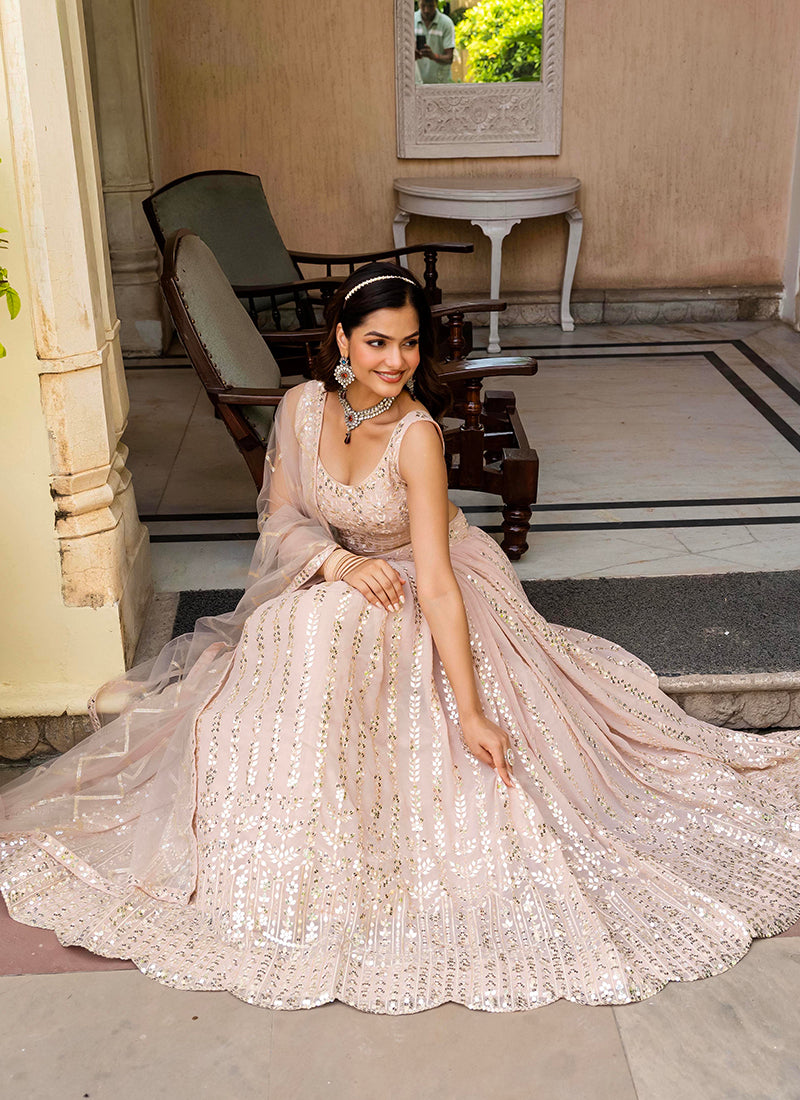 Georgette Blush Pink Occasional Wear Embroidery Work Lehenga Choli 385680