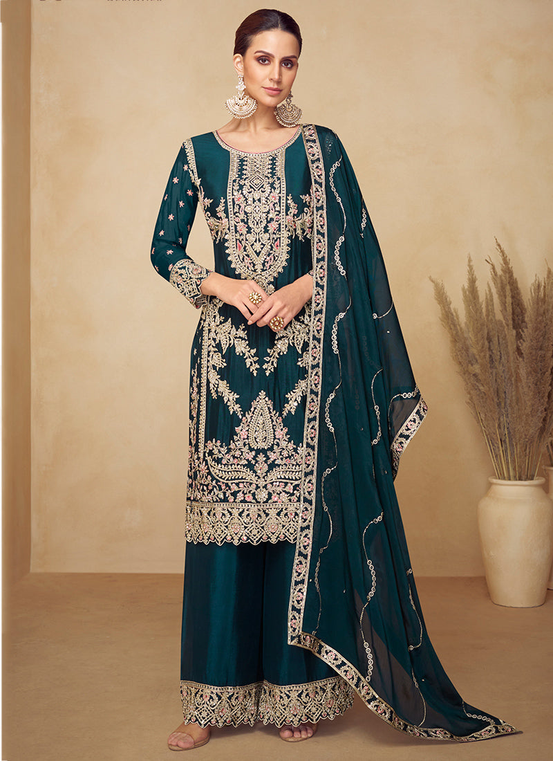 Chinnon Bottle Green Wedding Wear Hand Work Readymade Palazzo Suit 384962