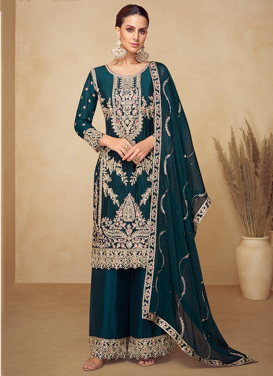 Chinnon Bottle Green Wedding Wear Hand Work Readymade Palazzo Suit 384962