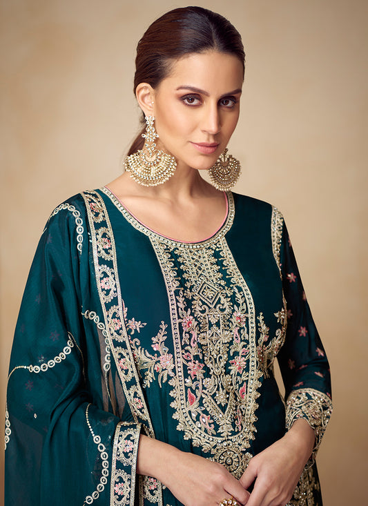 Chinnon Bottle Green Wedding Wear Hand Work Readymade Palazzo Suit 384962