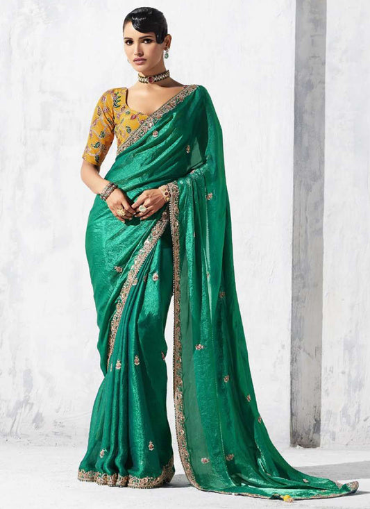 Fancy Fabric Bottle Green Designer Saree with Thread Embroidery Work for Wedding Wear 384471
