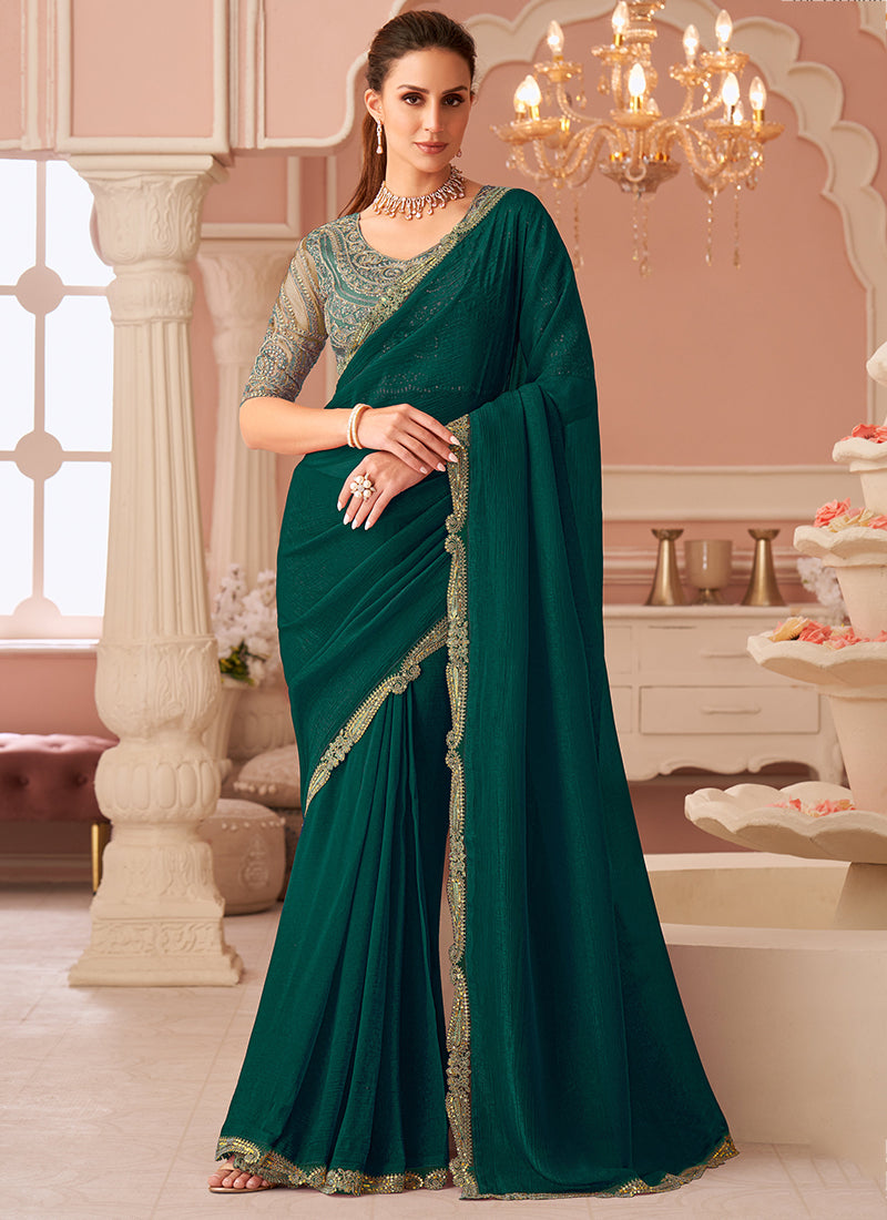 Georgette Bottle Green Designer Saree with Zari Embroidery Work 383844