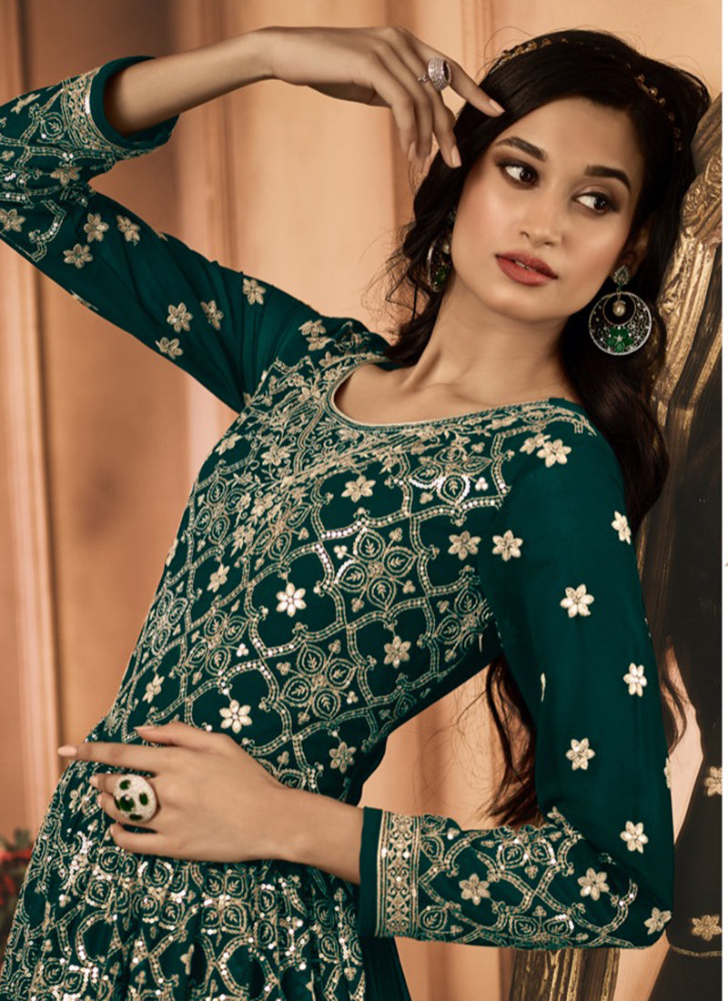 Bottle Green Georgette Embroidery Work Party Wear Readymade Anarkali Suit SW511684
