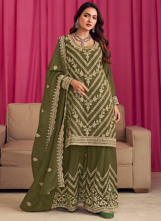 Shimmer Silk Bottle Green Wedding Wear Embroidery Work Readymade Plazzo Suit 385332