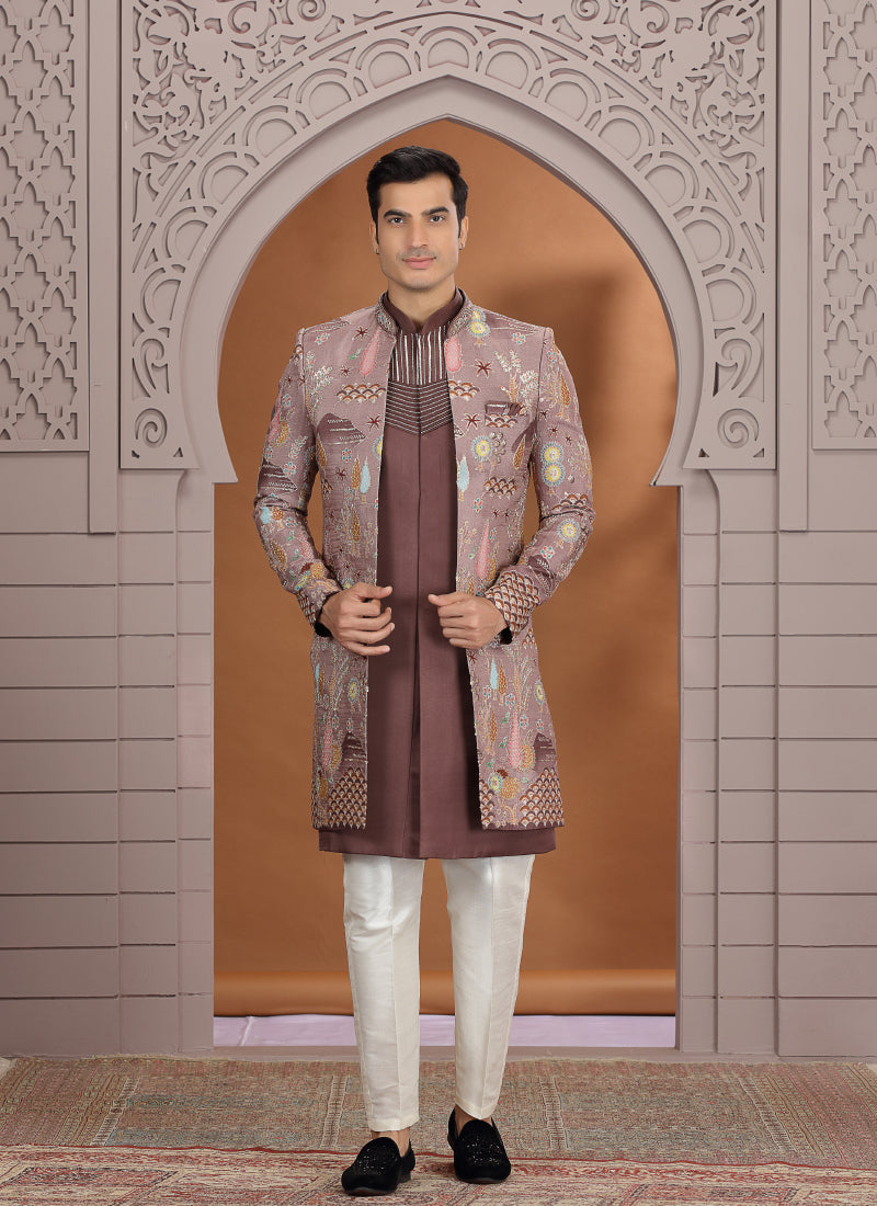 Art Silk Brown Wedding Wear Embroidery Work Readymade Indo Western Sherwani 386008