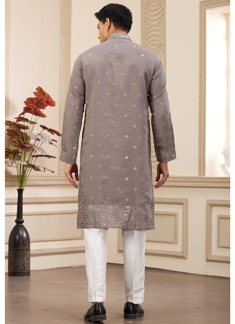 Brown Art Silk Readymade Kurta Pajama for Festive Occasions