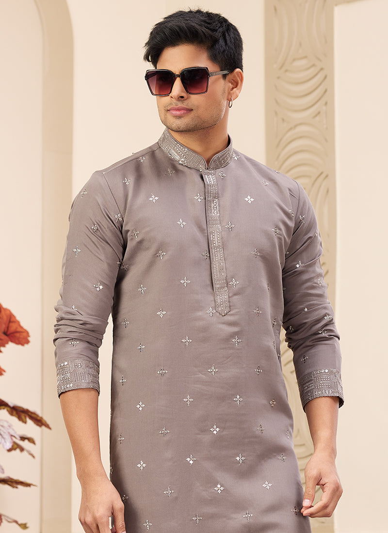 Brown Art Silk Readymade Kurta Pajama for Festive Occasions