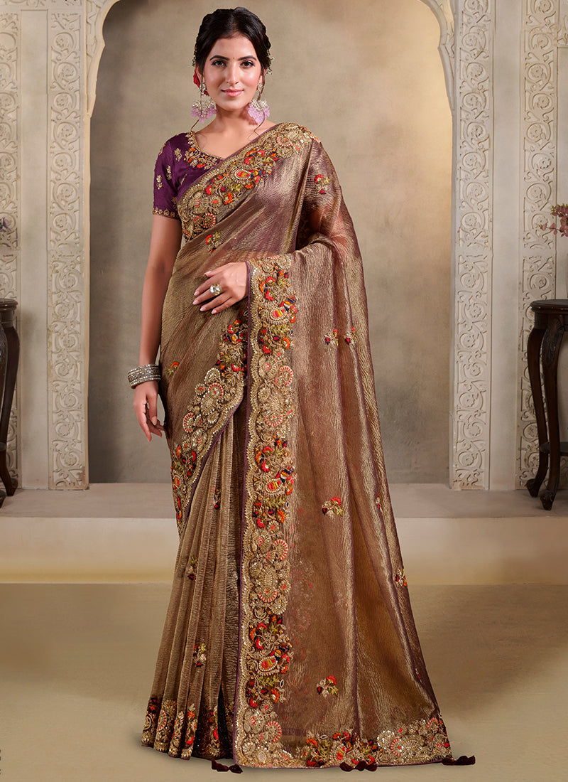 Banarasi Silk Brown Wedding Wear Embroidery Work Saree 386123