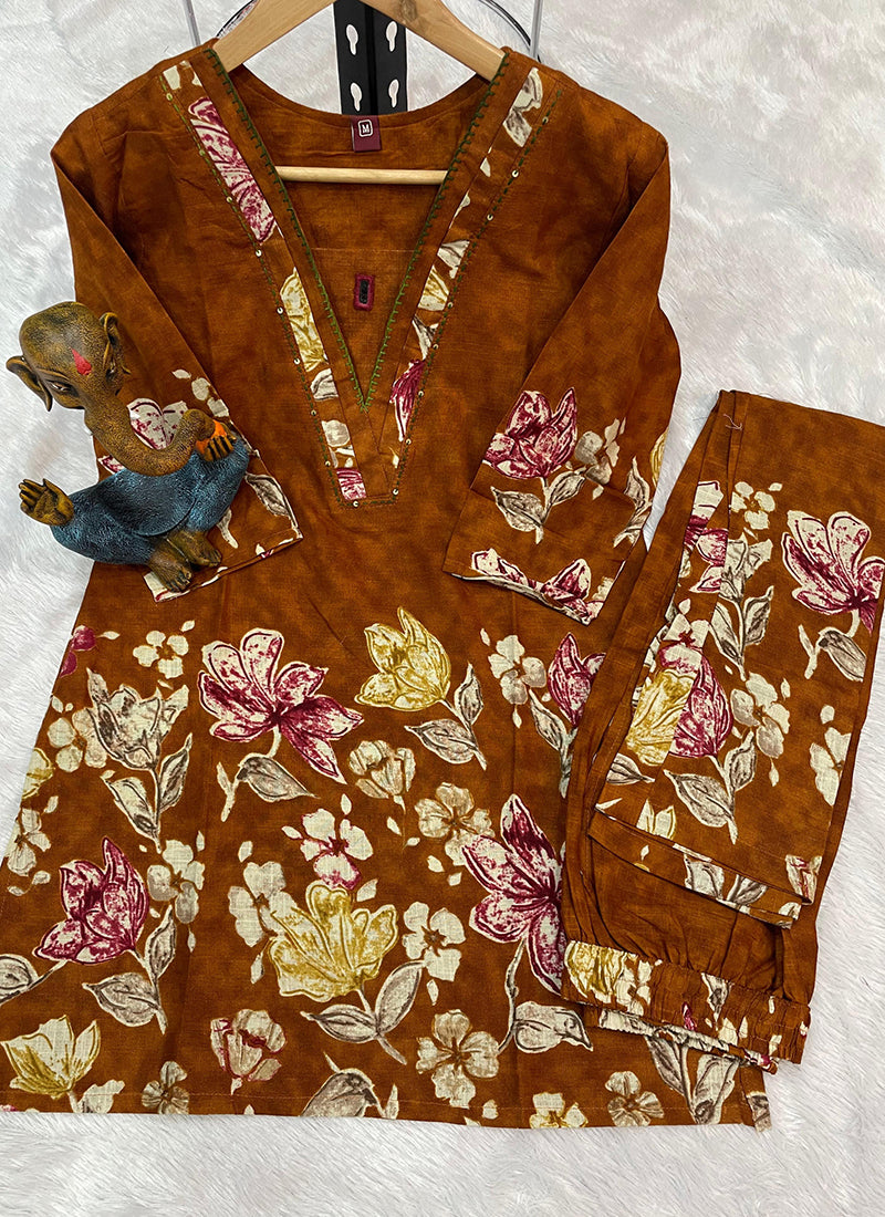 Cotton Brown Casual Wear Hand Work Readymade Cord Set 384914