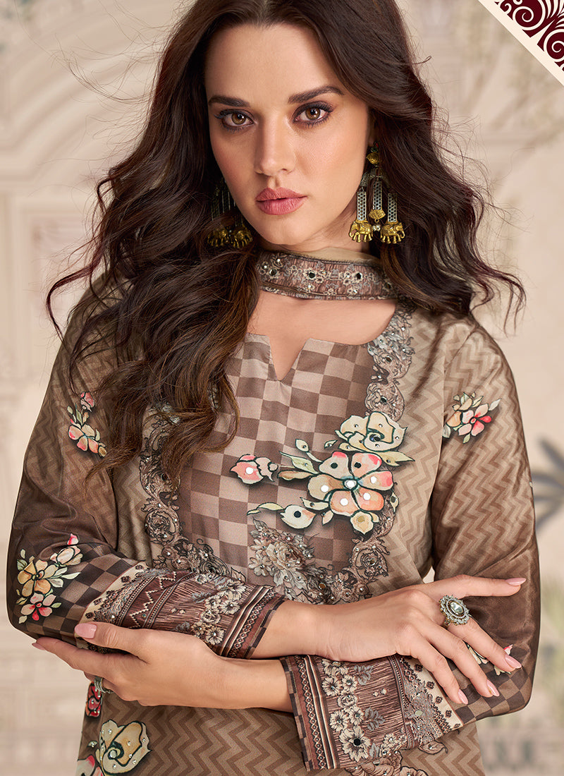 Crepe Silk Brown Party Wear Mirror Work Readymade Gharara Suit 386540