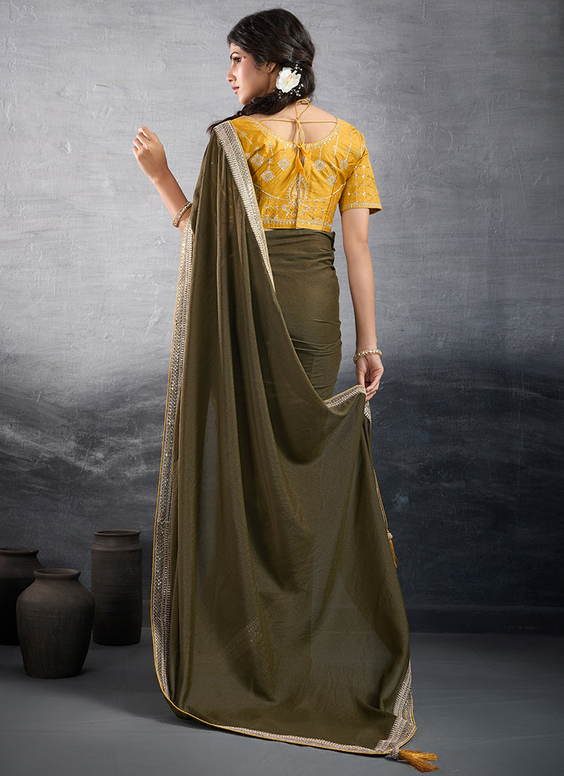 Georgette Brown Party Wear Embroidery Work Saree 385557