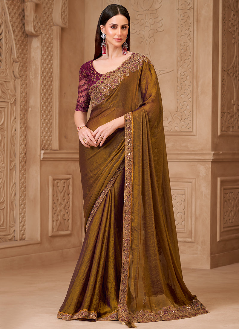 Georgette Brown Party Wear Embroidery Work Saree 385723