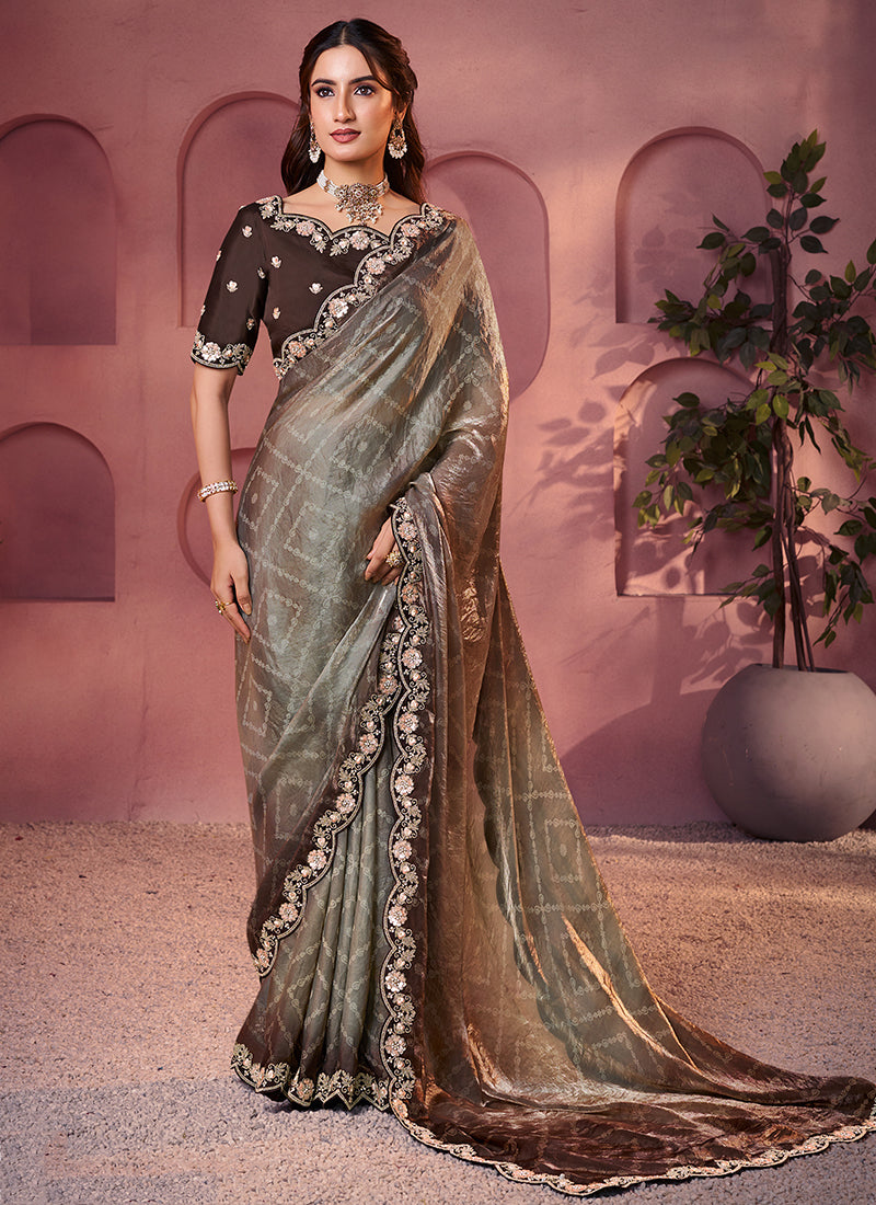 Satin Silk Brown Saree with Embroidery Work for Festival Wear 384495