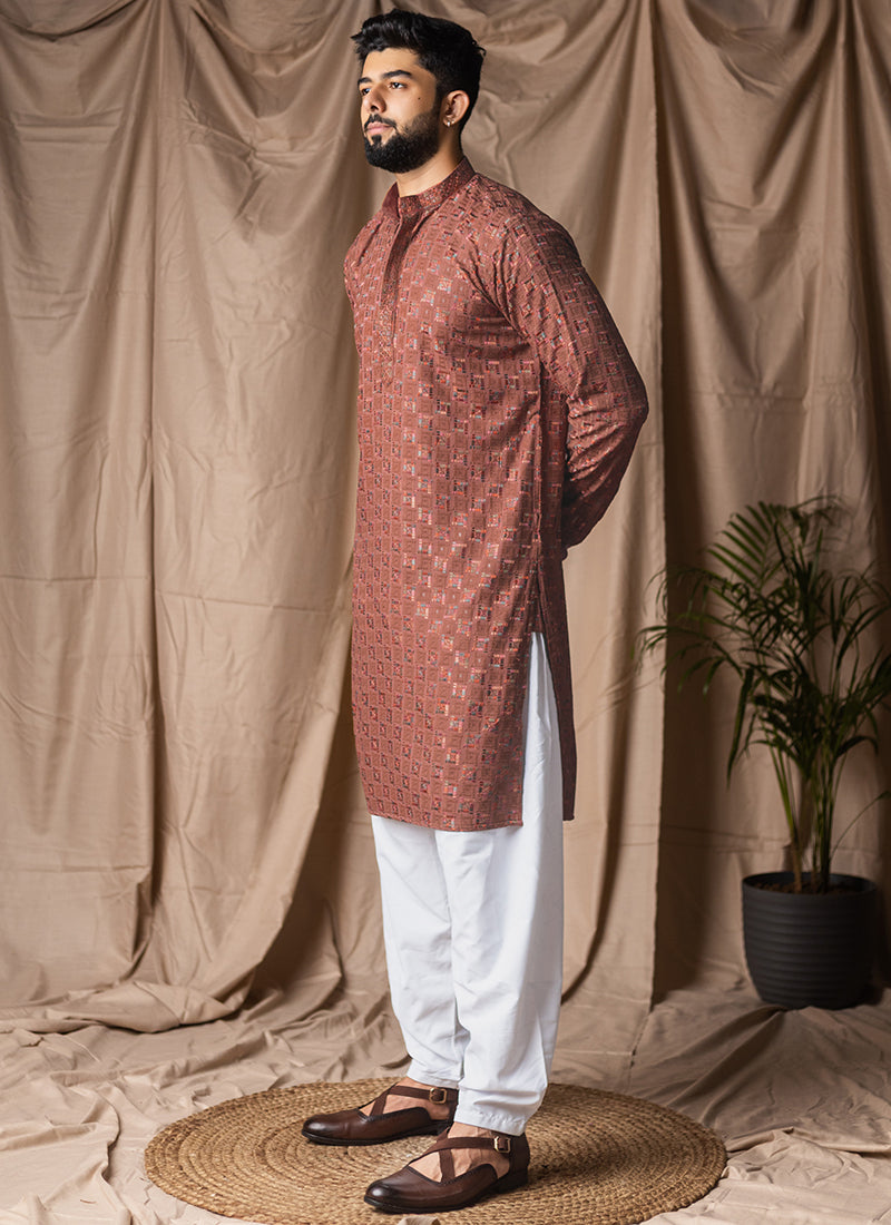Brown Viscose Rayon Weaving Work Festival Wear Readymade Kurta Pajama SW654682