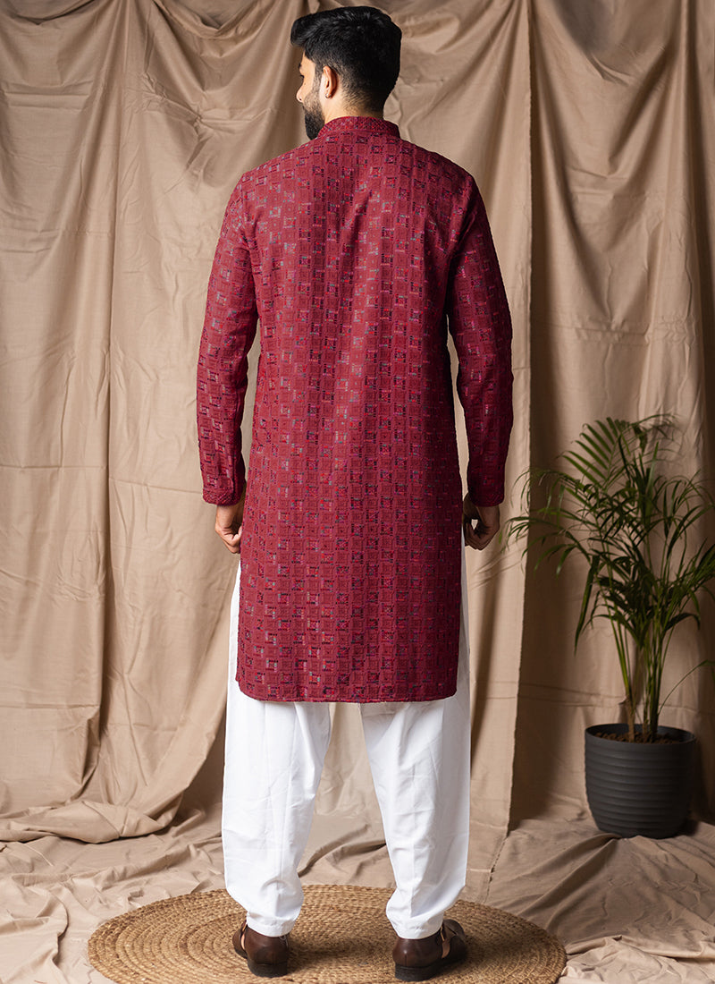 Burgandy Viscose Rayon Weaving Work Festival Wear Readymade Kurta Pajama SW810265