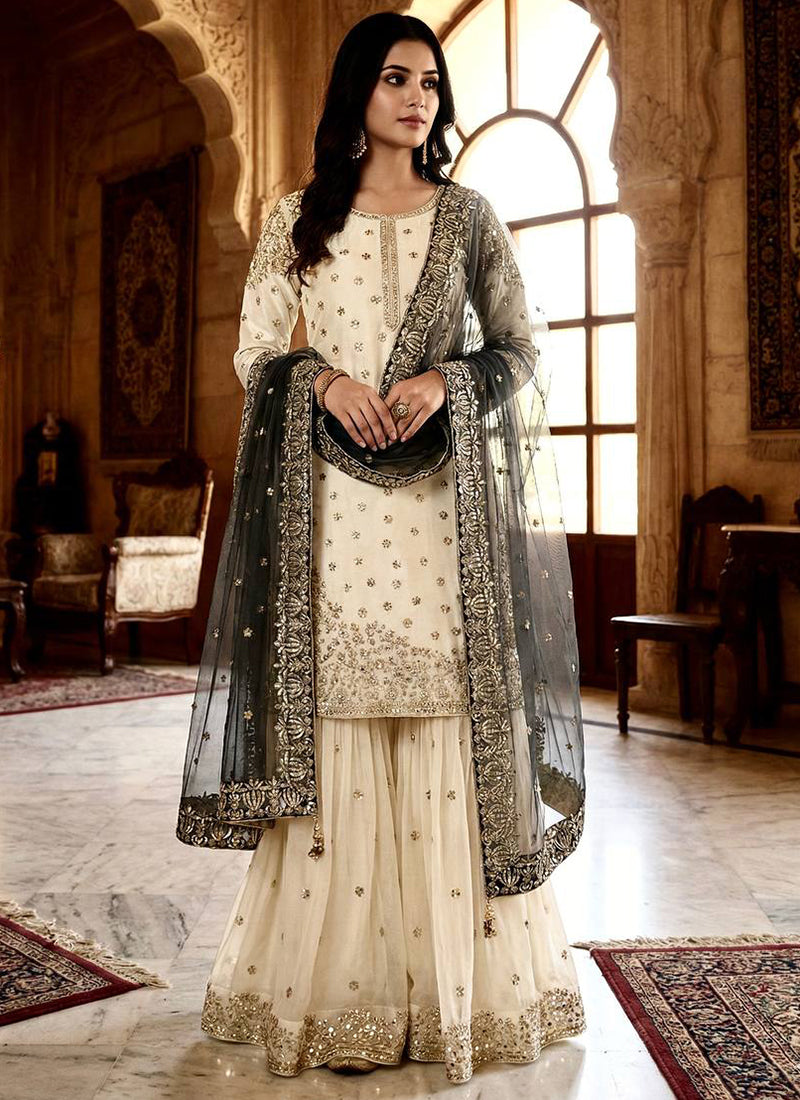 Cream Fendy Silk Sequins Work Eid Wear Readymade Sharara Suit SW831237