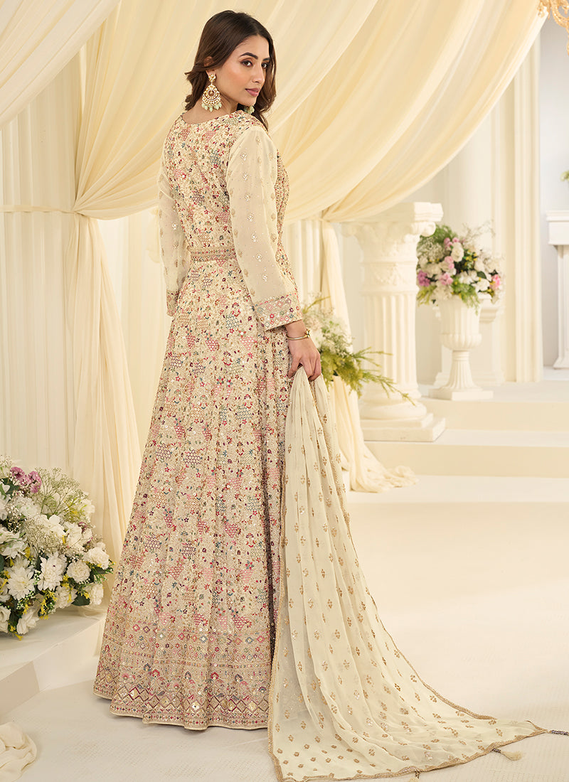 Cream Georgette Embroidery Work Wedding Wear Readymade Anarkali Suit SW931488