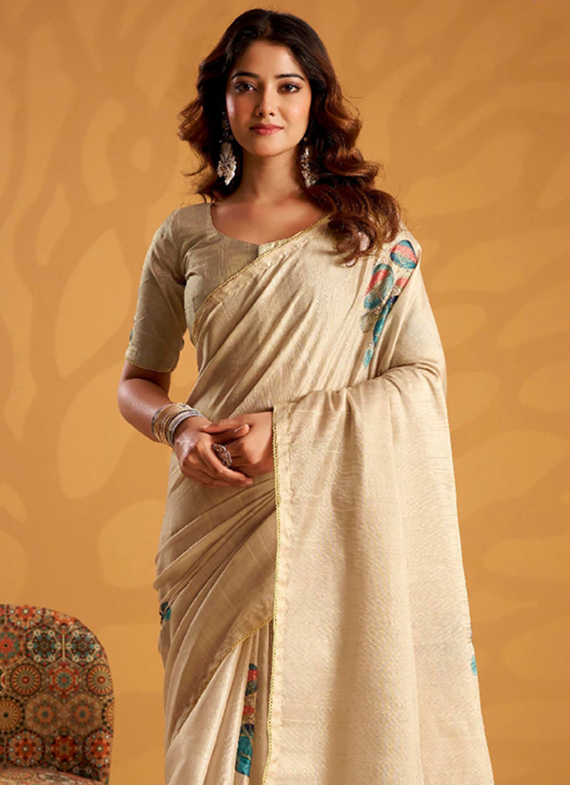 Cream Tussar Silk Printed Work Occasional Wear Saree SW657571