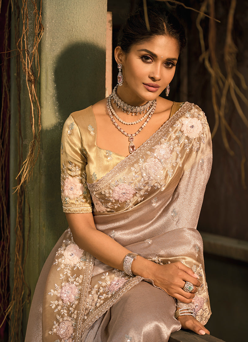 Champagne Beige Giraffe Silk Embroidery Work Wedding Wear Wedding Saree SW456385