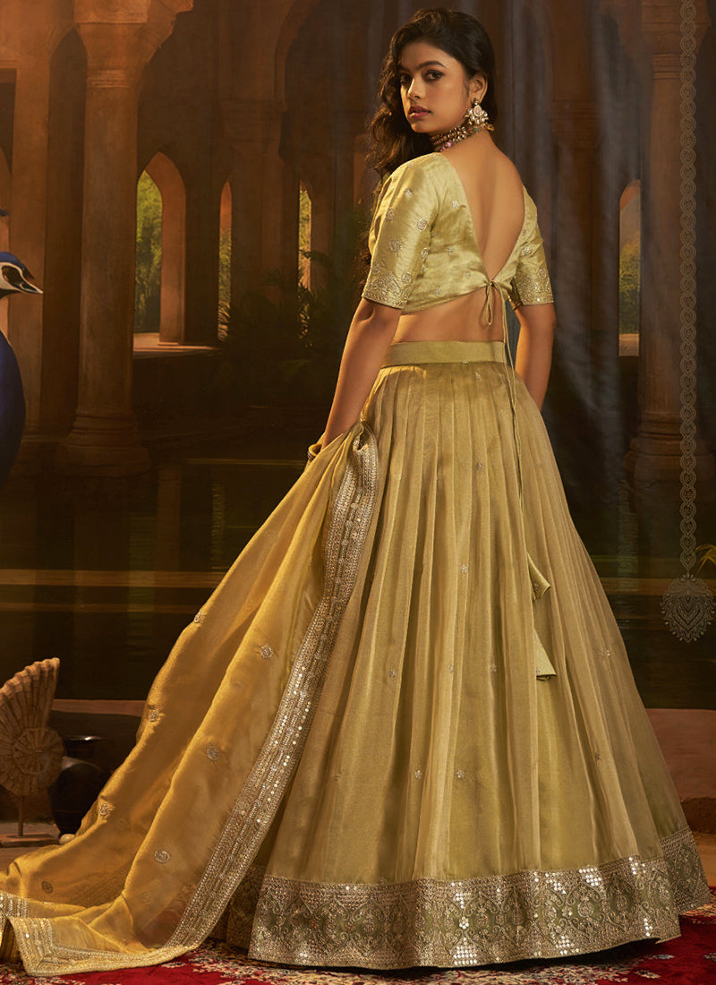 Crepe Champagne Gold Party Wear Zari Sequins Work Lehenga Choli 388598